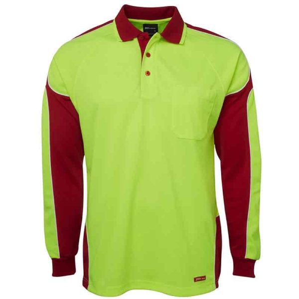 JB's-hi vis-long sleeve-arm panel-polo-shirt-Lime Red