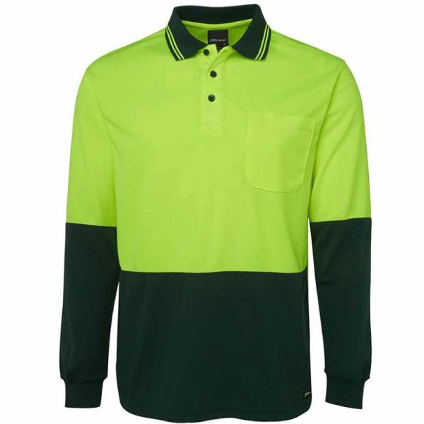hi vis long sleeve traditional polo shirt lime bottle front view print and embroidery area