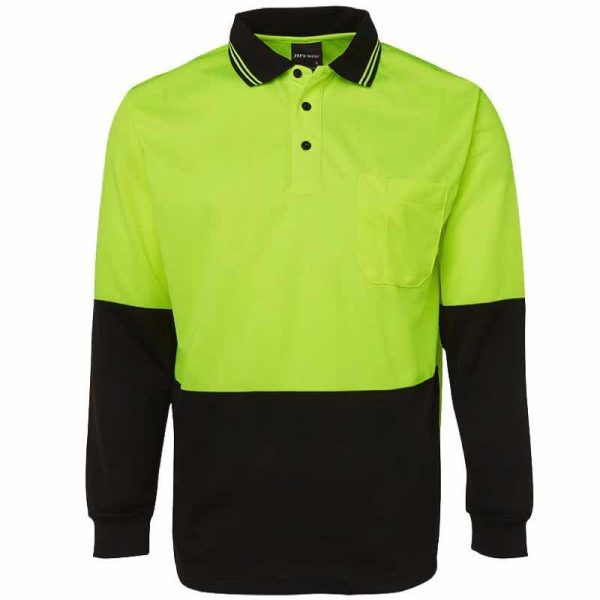 hi vis long sleeve traditional polo shirt lime black front view print and embroidery area