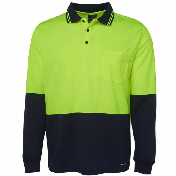 hi vis long sleeve traditional polo shirt lime navy front view print and embroidery area
