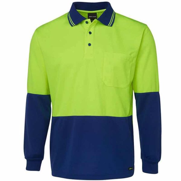 hi vis long sleeve traditional polo shirt lime royal front view print and embroidery area