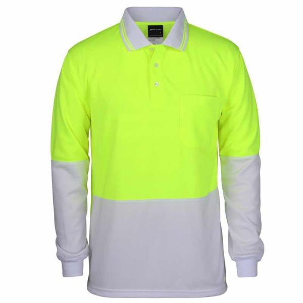 hi vis long sleeve traditional polo shirt lime white front view print and embroidery area