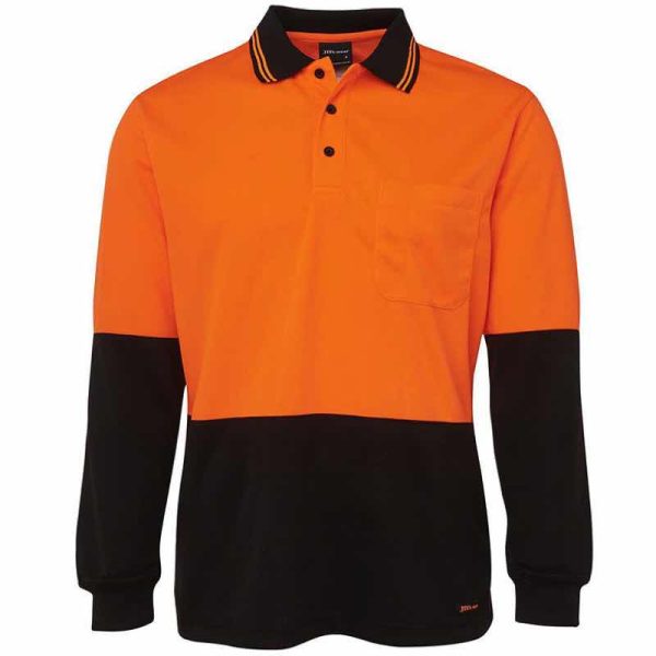 hi vis long sleeve traditional polo shirt orange black front view print and embroidery area