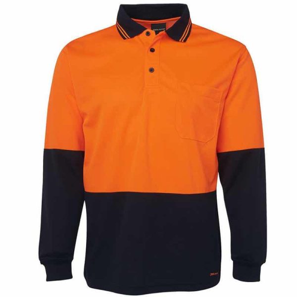 hi vis long sleeve traditional polo shirt orange navy front view print and embroidery area