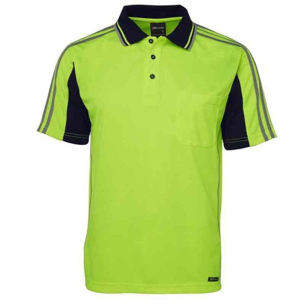 JB's-6AT4S-Hi Vis-Short Sleeve-Arm Tape-Polo-Shirt-Worn-front view-decoration area-custom embroidery-custom printing