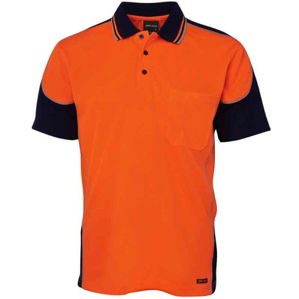 JB's-6HCP4- Hi Vis-Contrast Piping Polo Shirt-Orange Navy-front view-decoration area-custom printing-custom embroidery