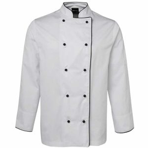 JB's-5CJ-White Black-Long Sleeve-Unisex-Chefs-Jacket-front view-decoration area-custom embroidery-custom printing