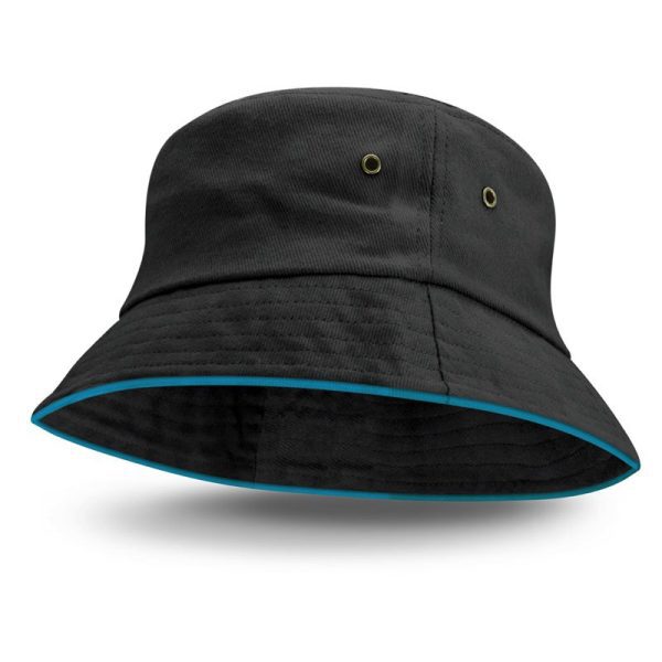 Bondi-Bucket Hat-black-light blue coloured sandwich trim-undecorated-custom embroidery area-custom printing area-mps-promotional gear