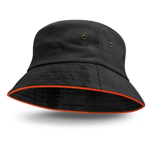 Bondi-Bucket Hat-black-orange coloured sandwich trim-undecorated-custom embroidery area-custom printing area-mps-promotional gear