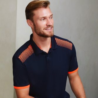 Biz Collection-P900MS-Galaxy-mens-Polo Shirt-short sleeve-navy orange-mps promotional gear-front view-worn-custom embroidery area-printing
