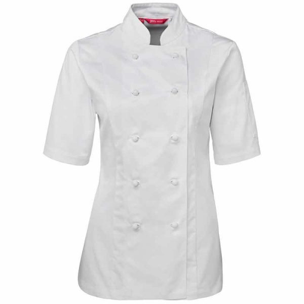 JB's-5CJ21-White-Ladies-Short Sleeve-Chef's-Jacket-Front View-decoration area-custom printing-custom embroidery