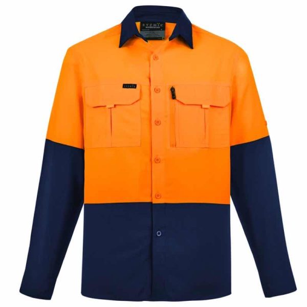 Syzmik ZW468 Mens Hi Vis Outdoor Long Sleeve Shirt Orange Navy